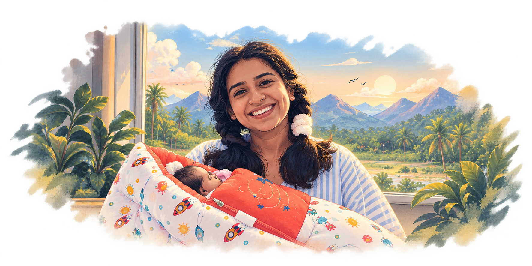 Illustrated portrait of Misk holding baby Ayla, with the Western Ghats beyond